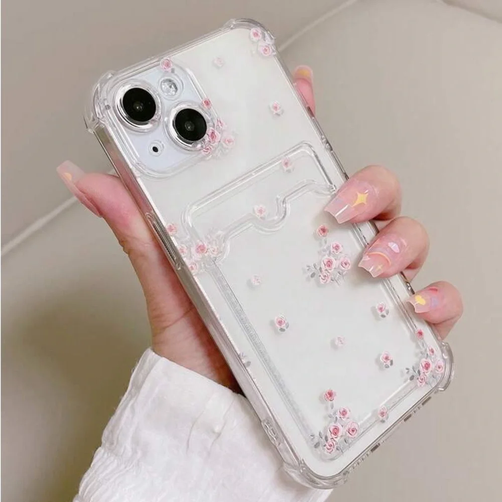 iPhone 13 Pro Transparent Flower Printed Phone Case with Card Slot - Picture 2 of 4